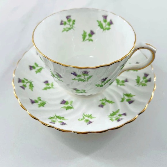 AYNSLEY BONE CHINA TEACUP &  SAUCER SET / PURPLE THISTLE / MADE IN ENGLAND - Picture 3 of 10